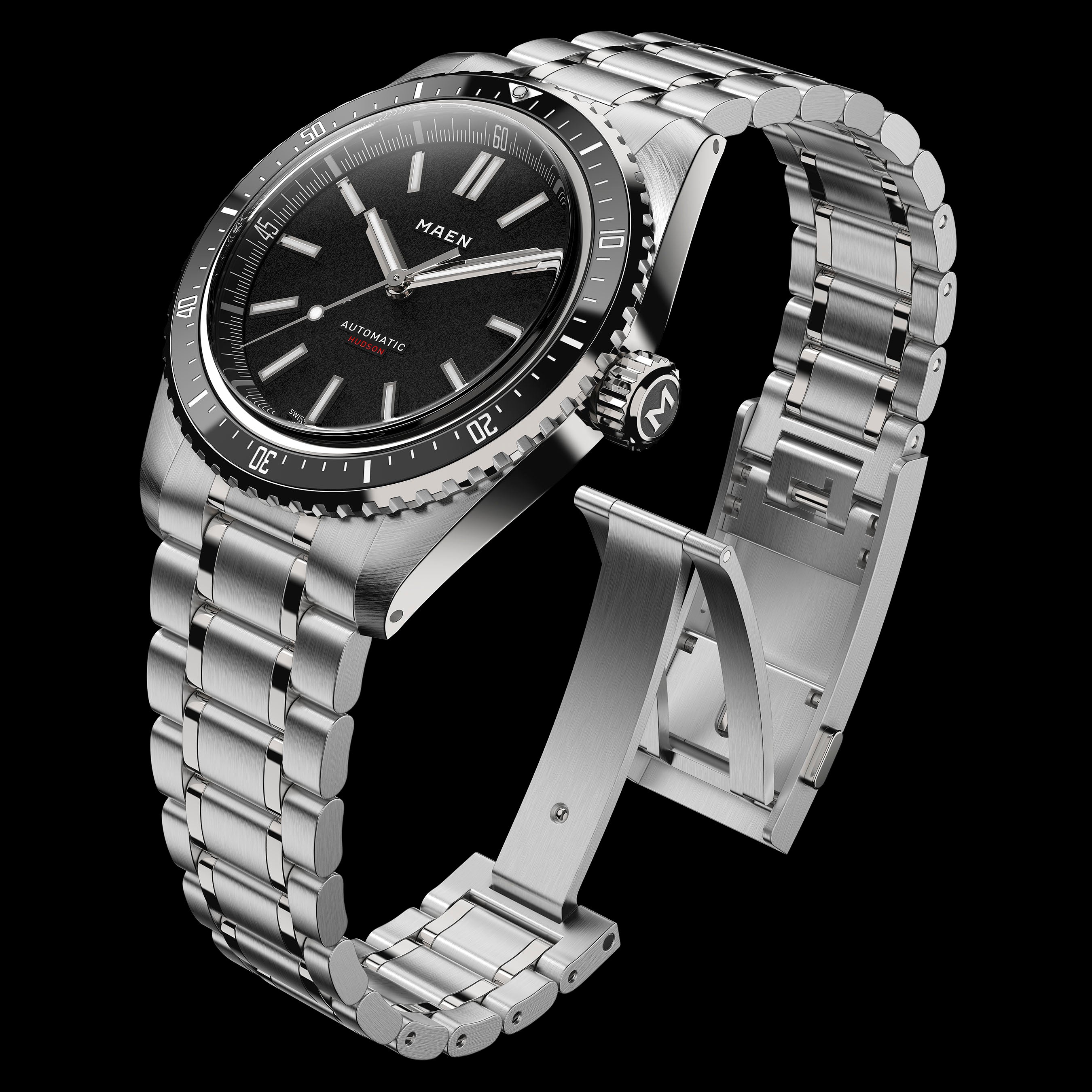 MAEN Hudson 38 MK5 black no-date dial and steel bracelet