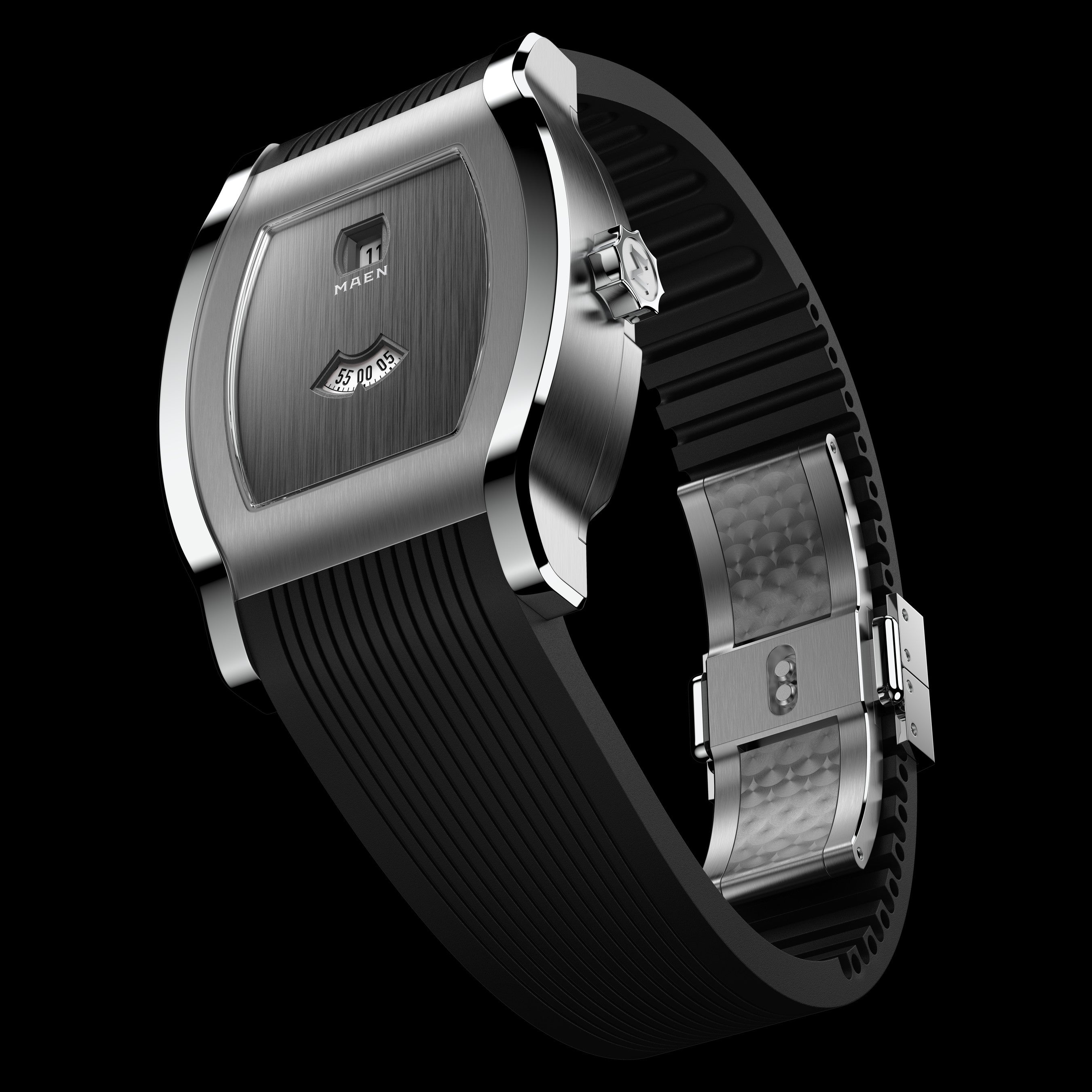 Grand Tonneau Jump Hour M8.1.2 – Anthracite Black dial, three-quarter view