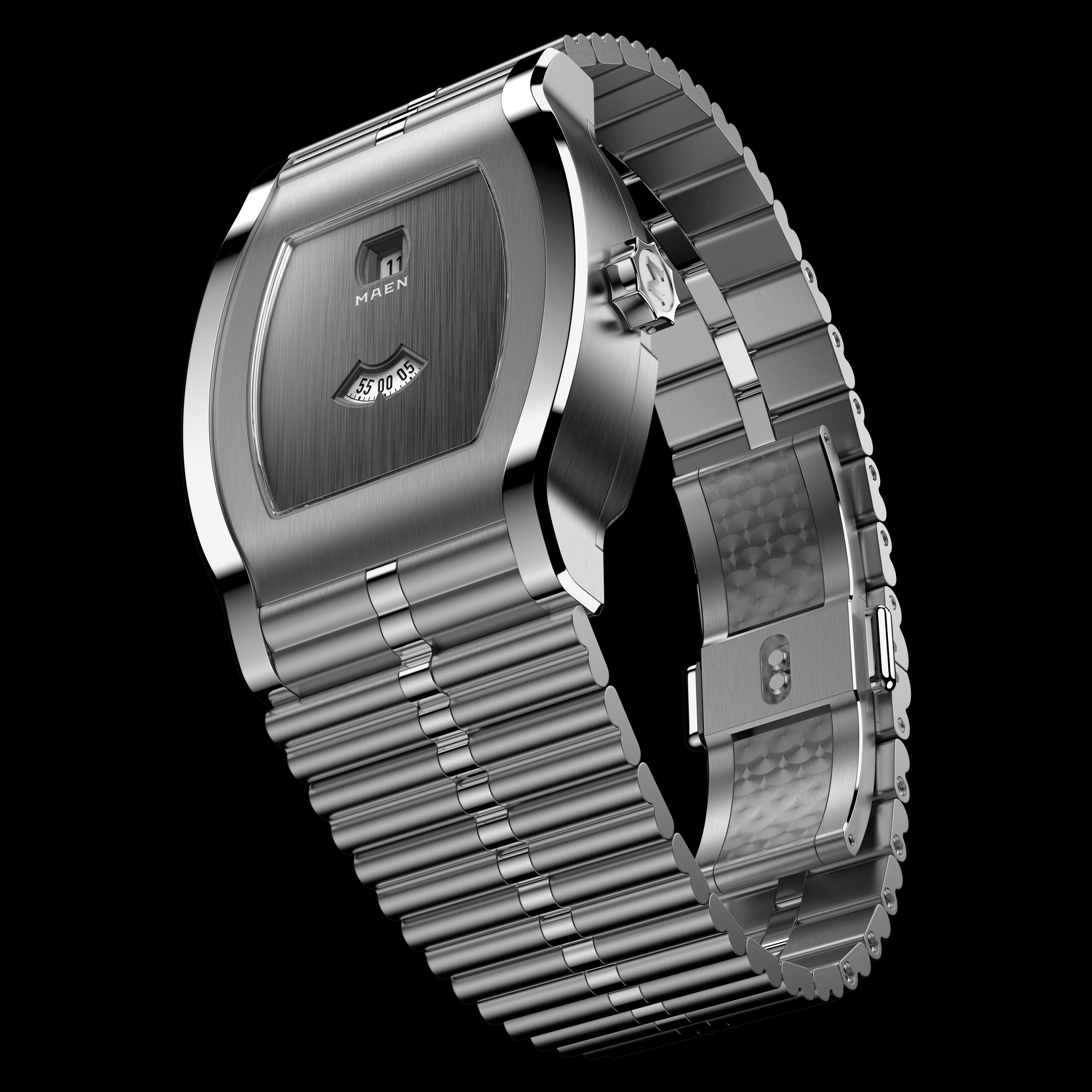 Grand Tonneau Jump Hour M8.1.2 – Anthracite Black dial on the bracelet, three-quarter view