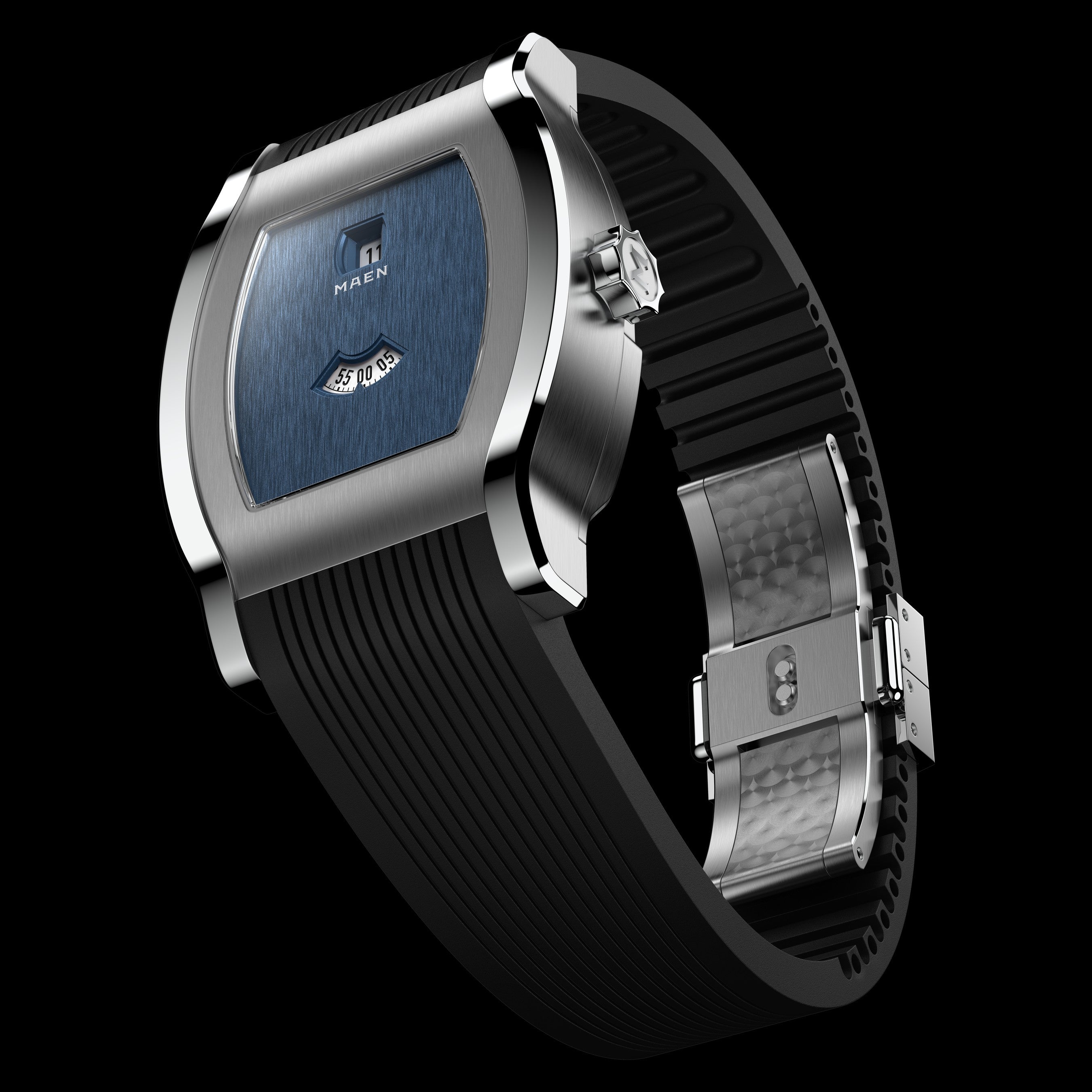 Grand Tonneau Jump Hour M8.1.3 – Midnight Blue dial, three-quarter view