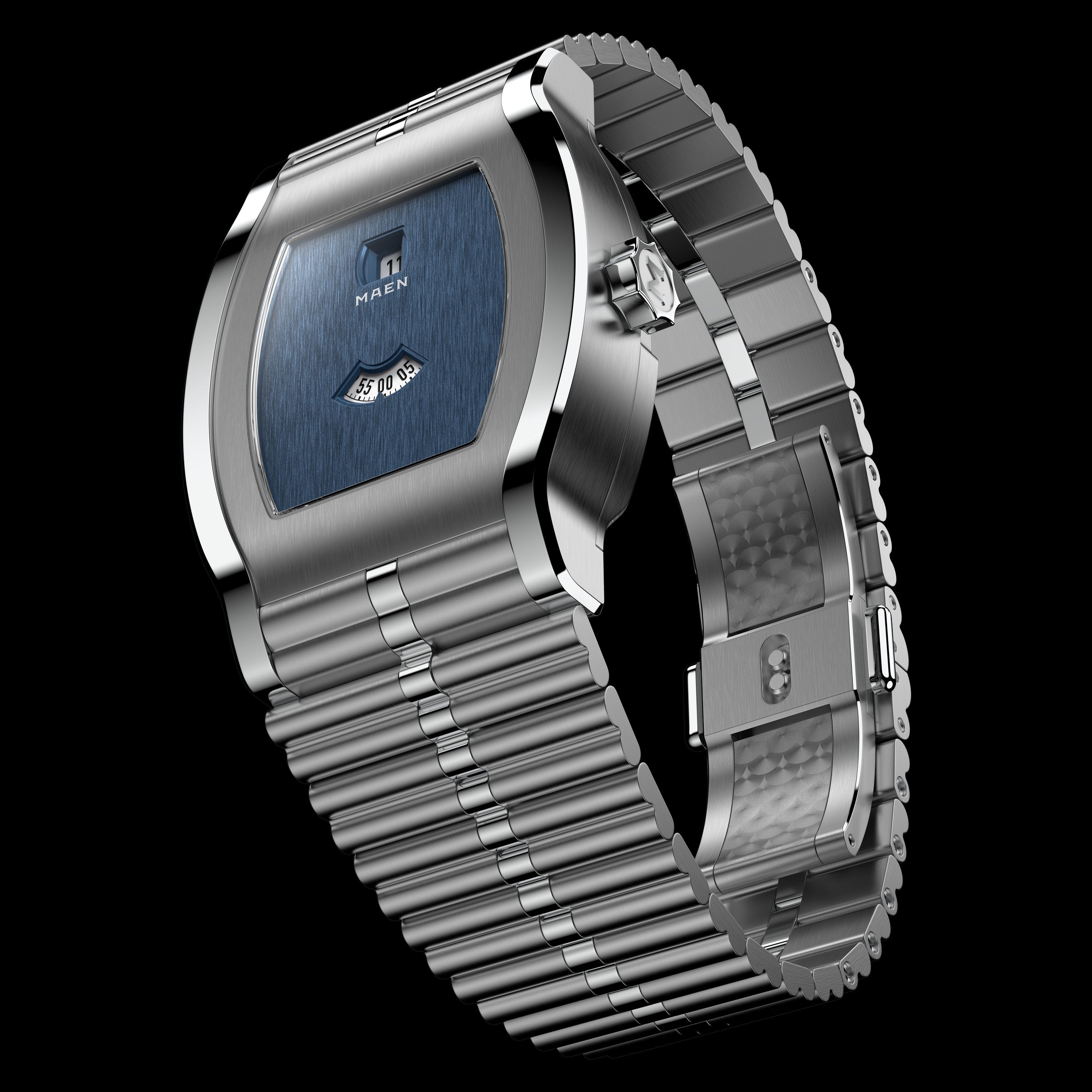 Grand Tonneau Jump Hour M8.1.3 – Midnight Blue dial on the bracelet, three-quarter view