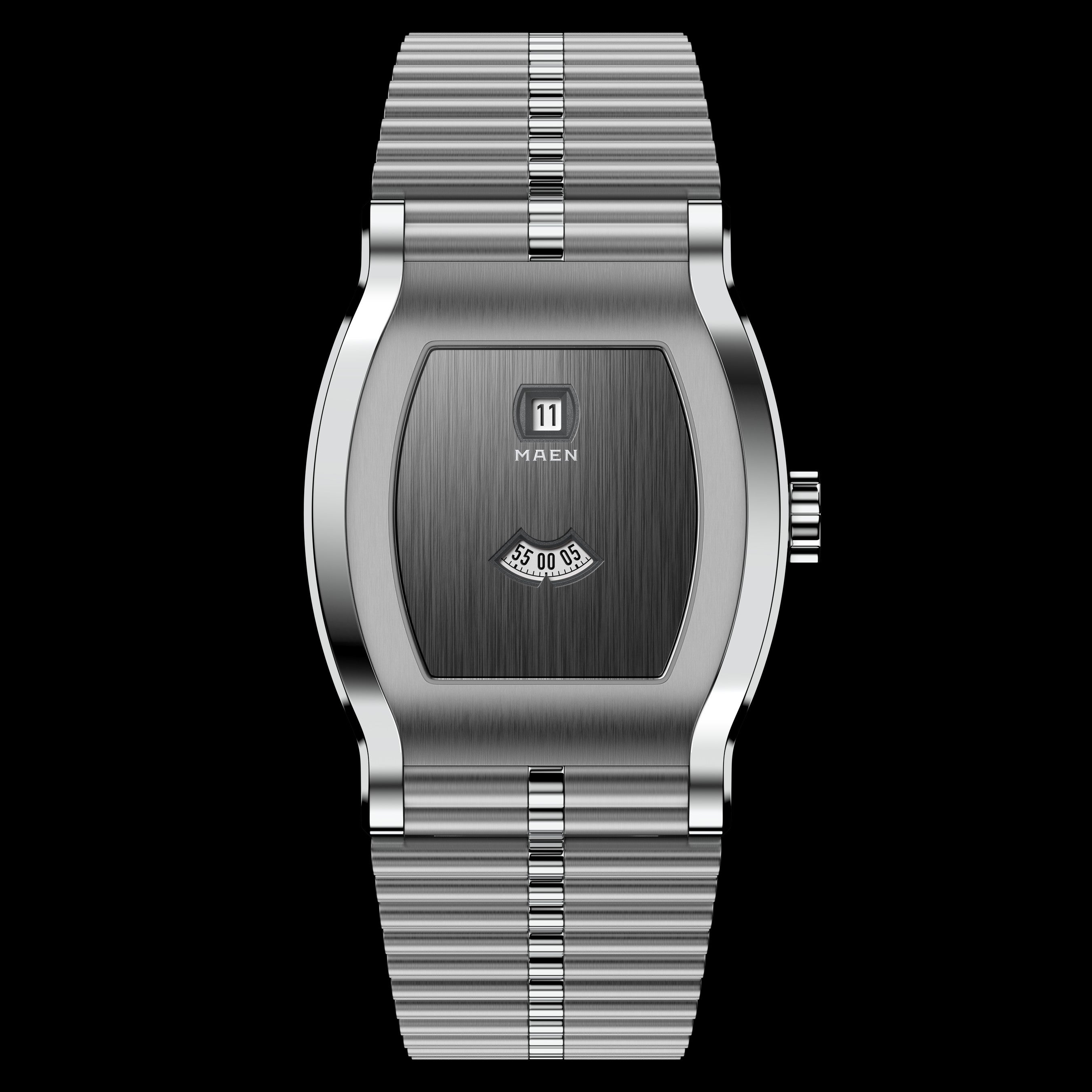 Grand Tonneau Jump Hour M8.1.2 – Anthracite Black dial on the bracelet, front