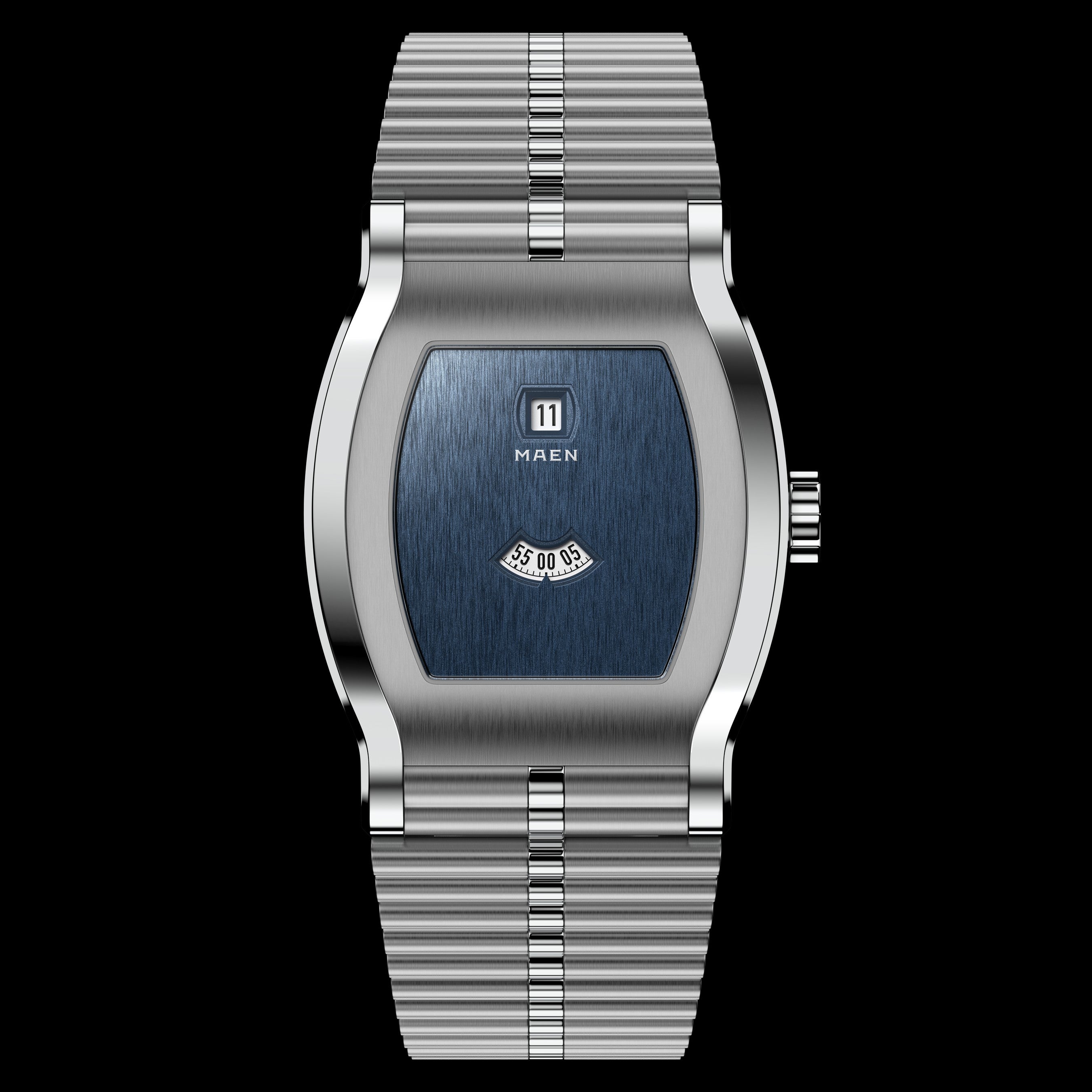 Grand Tonneau Jump Hour M8.1.3 – Midnight Blue dial on the bracelet, front