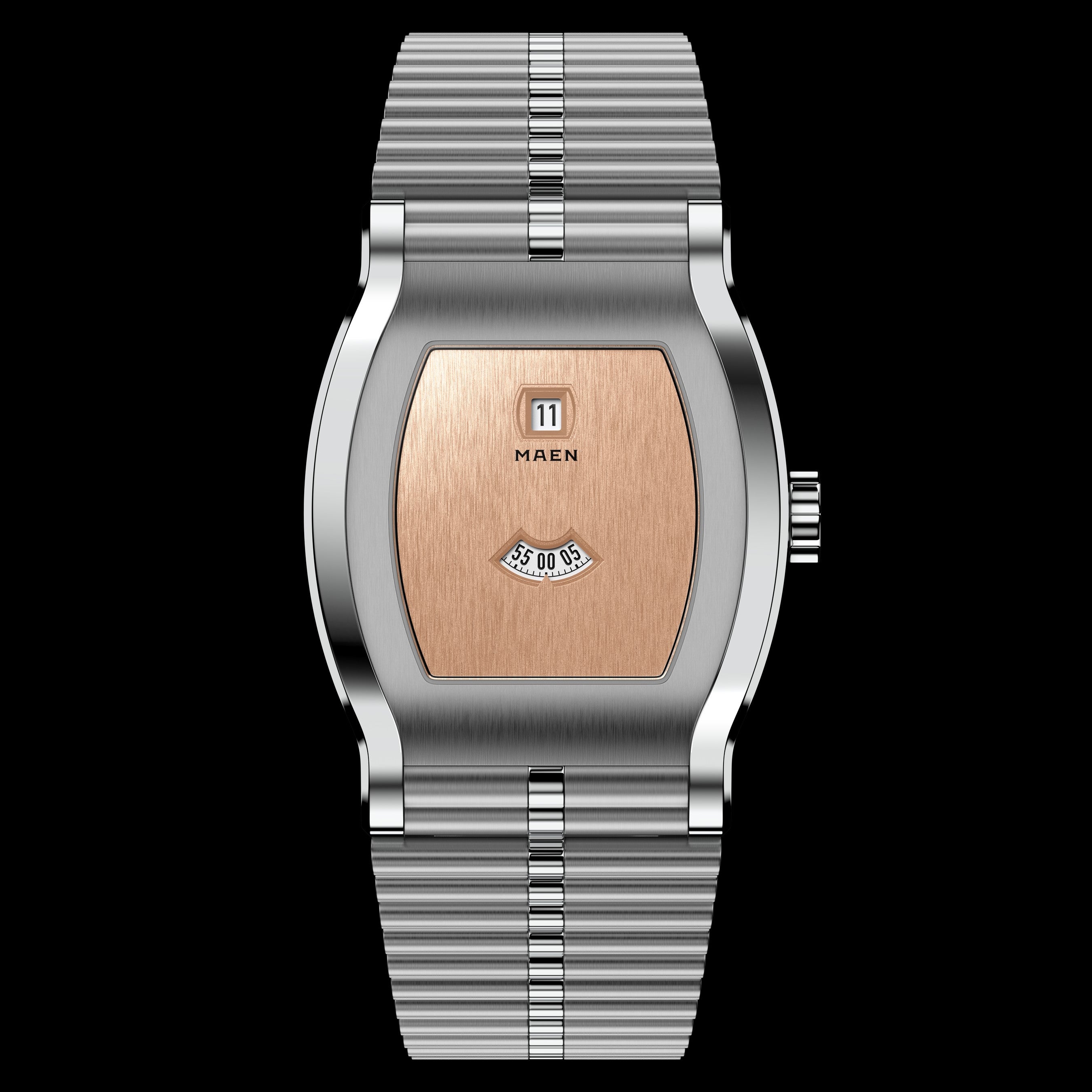 Grand Tonneau Jump Hour M8.1.4 – Copper dial on the bracelet, front