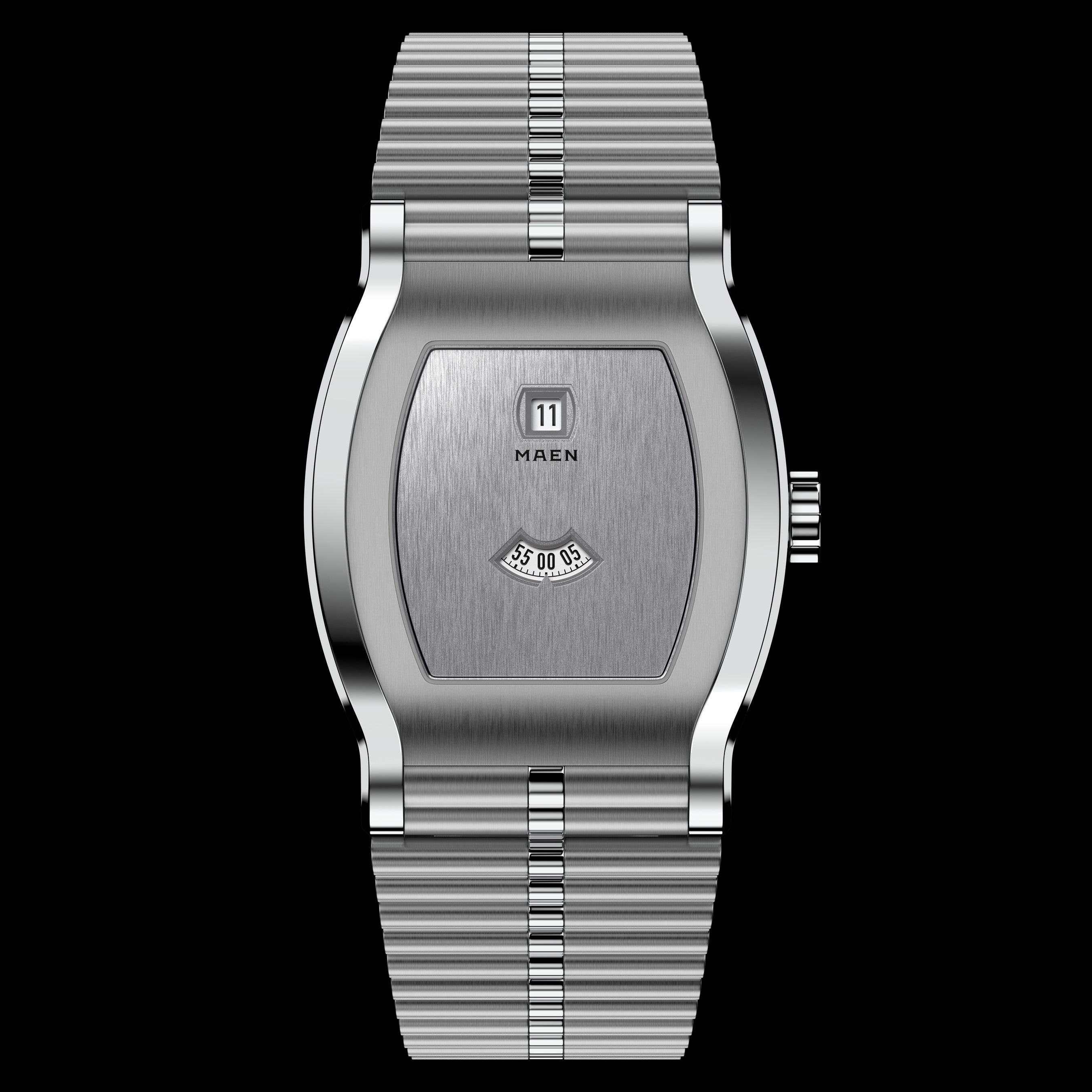 Grand Tonneau Jump Hour M8.1.1 – Steel dial on the bracelet, front