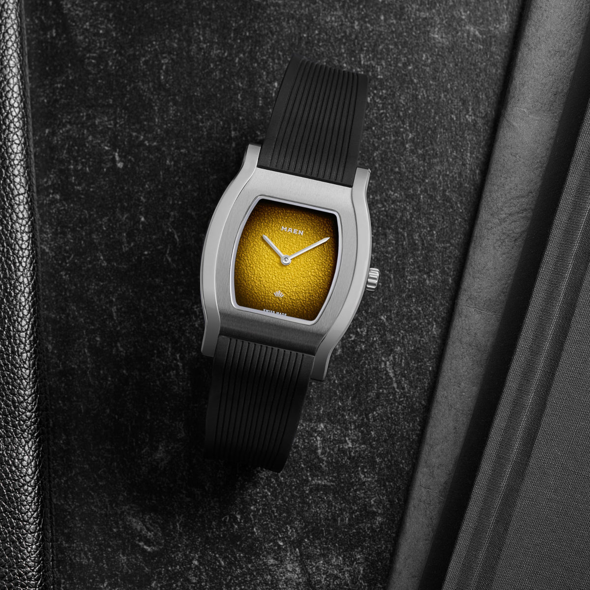 Grand Tonneau Ultra-Thin MNL.08 Yellow Fumé on its rubber strap, seen from above